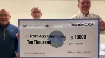 Simcoe Lions Donate $1,000 to Port Aux Baie Lions